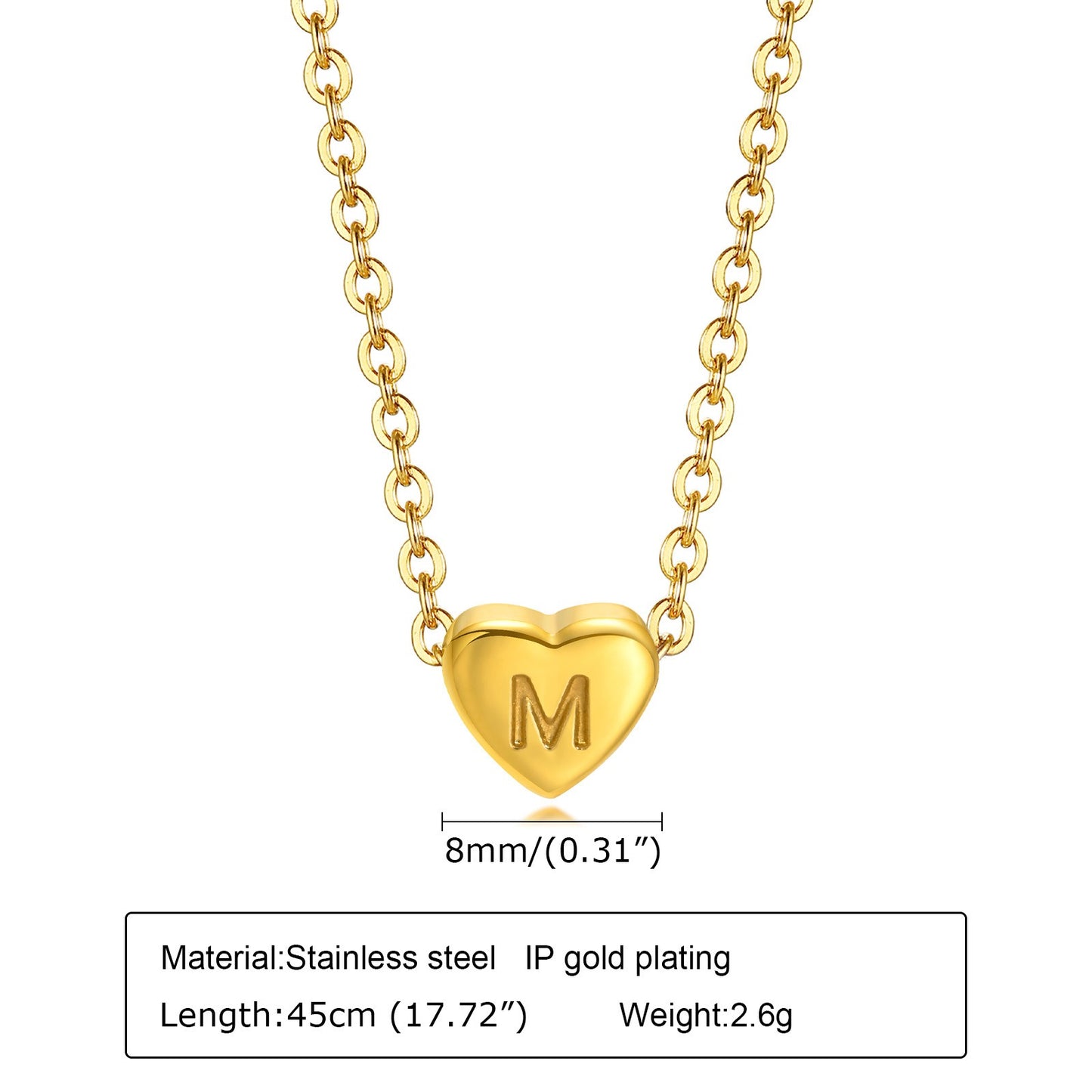 Collar de acero inoxidable Kemstone con letras de corazón - Colgante de amor con 26 letras del alfabeto PN-1670