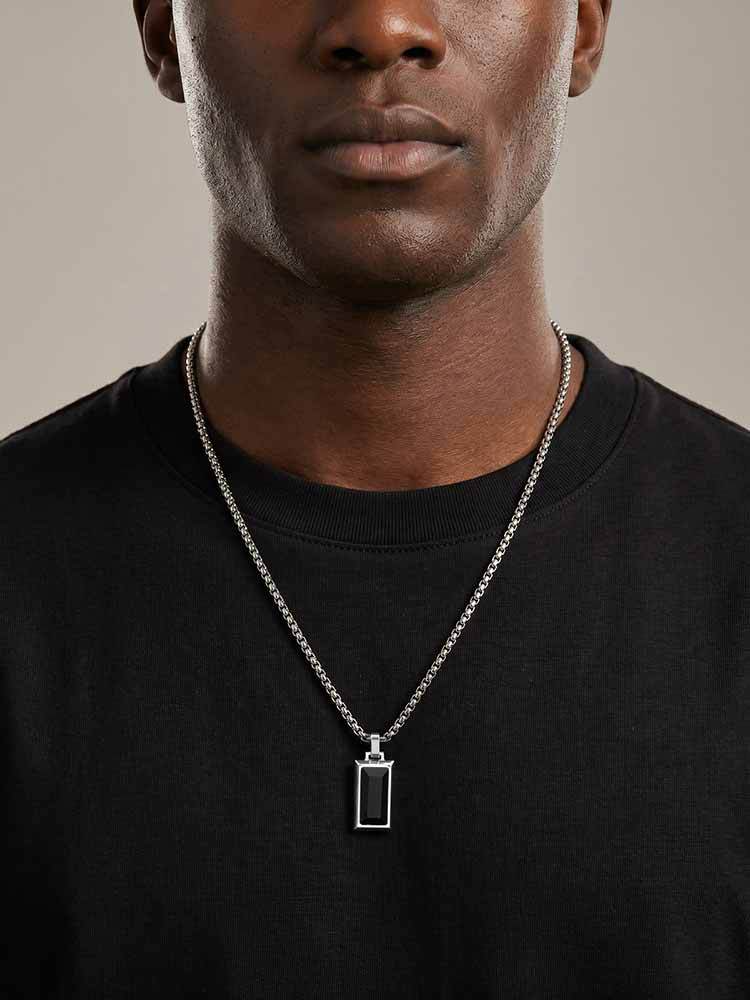 Kemston Rectangular Black Agate Pendant Necklace for Men Stainless Steel Vintage PN2379
