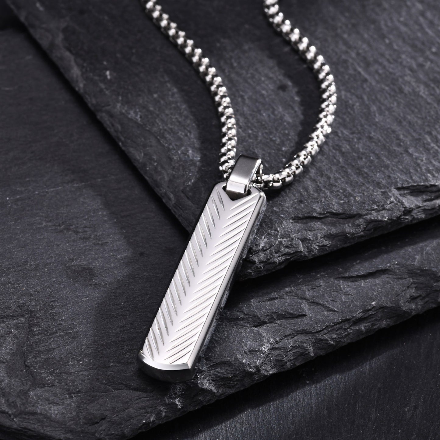 Geometric Bar Pendant Necklace for Men | Stainless Steel Chevron Engraved PN2071