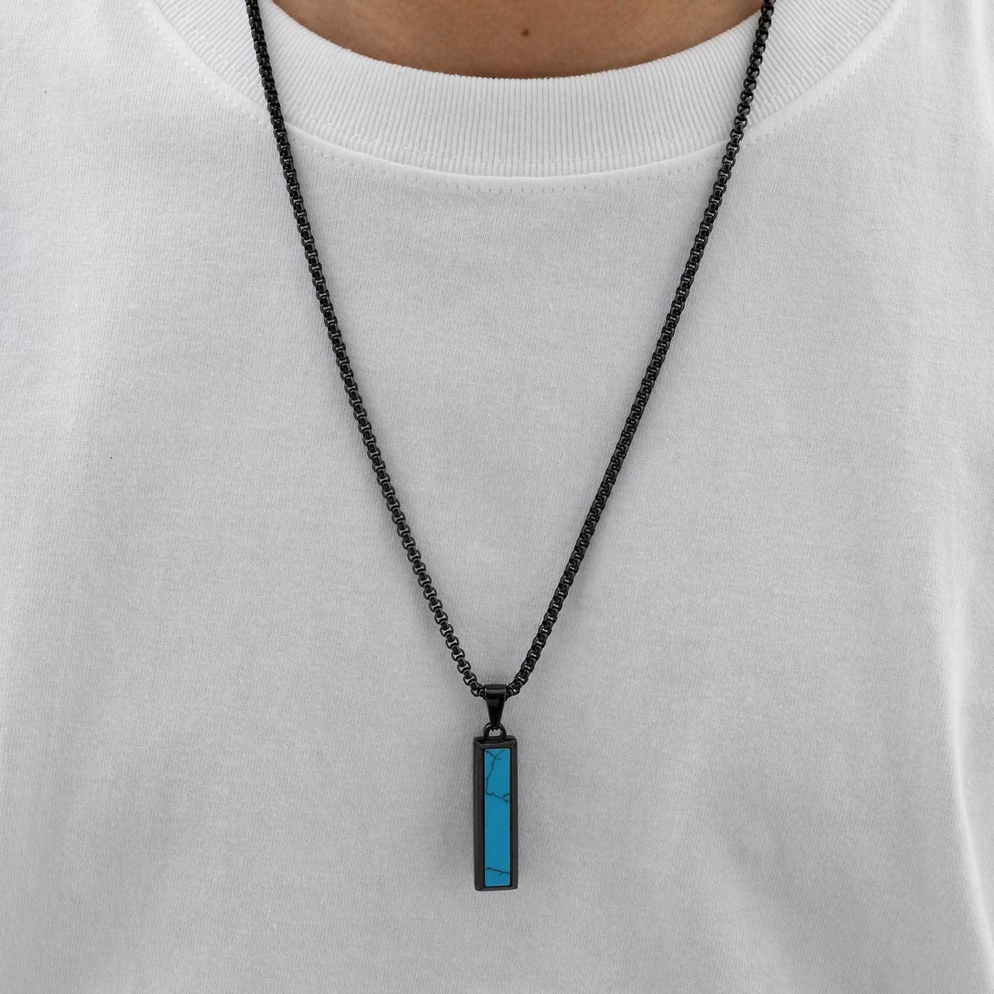 Kemstone Stainless Steel Geometric Bar Pendant Necklace for Men with Onyx or Turquoise PN-2221