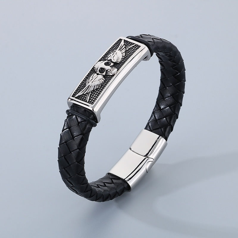 Kemstone Stainless Steel Skull Anchor Braided Leather Cuff Bracelet Punk Biker Style KB53392-K