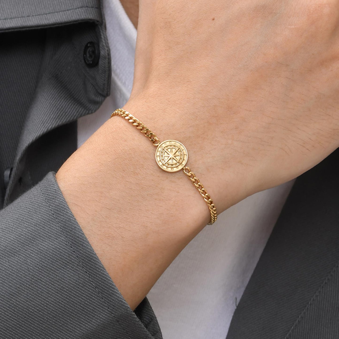 Kemstone Men’s Stainless Steel Compass Bracelet – Adjustable Minimalist Chain in Black, Gold & Silver BR2079