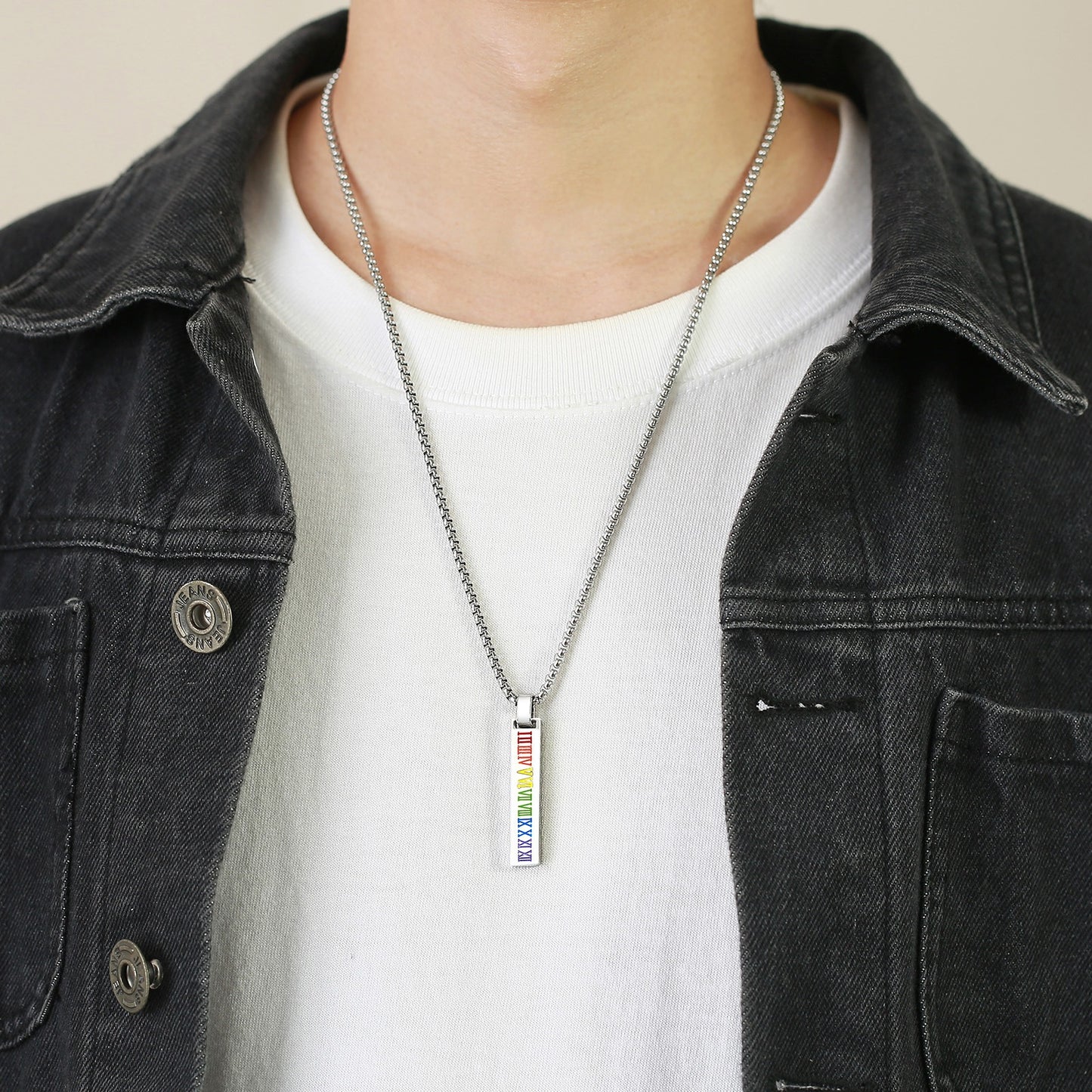 Kemstone Roman Numeral Drip Pendant Necklace – Stainless Steel Bar Chain PPN-067