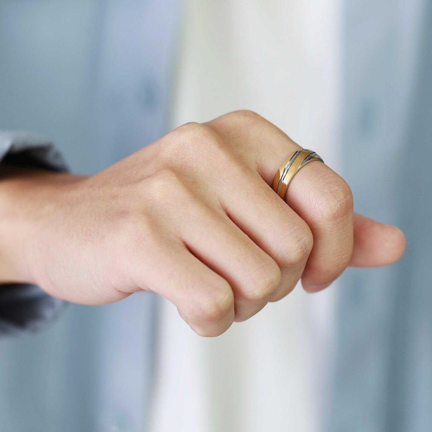 Kemstone Men’s Stainless Steel Ring – Slanted Stripe Design, IP Gold Plated Bold Minimalist Band R-057