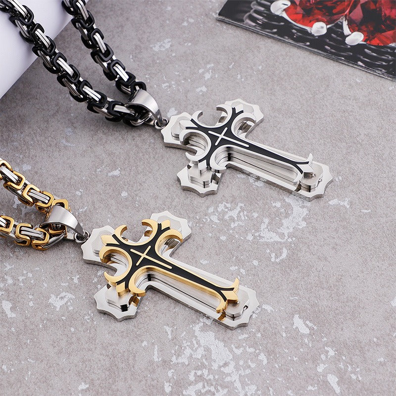 Kemstone Triple-Layer Gothic Cross Pendant Necklace – Stainless Steel Byzantine Chain KP78915