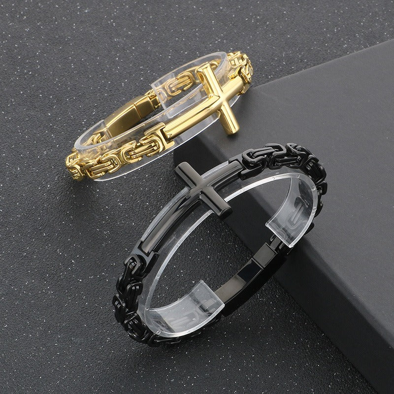 Kemstone Rock Revival Cross Cuff - Byzantine Chain Titanium Bracelet for Men with Vintage Gothic Motif KB190501