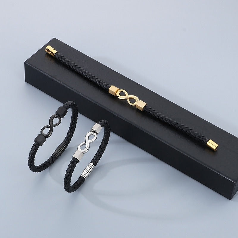 Simbolo dell'infinito, cinturino in pelle intrecciata, chiusura magnetica in acciaio al titanio per uomo KB182678-JR