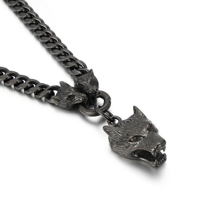 Set di catene in acciaio da uomo Kemstone - Bracciale e collana con testa di lupo per stile punk KB133023