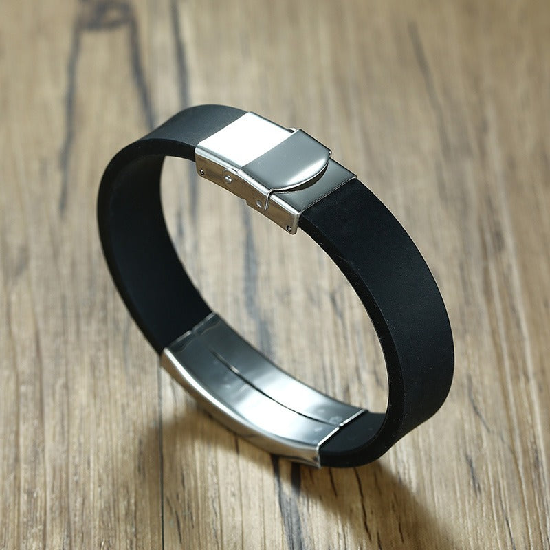 Kemstone Silicone & Stainless Steel Bracelet – Engravable Curved Plate Men’s Wristband BS-076
