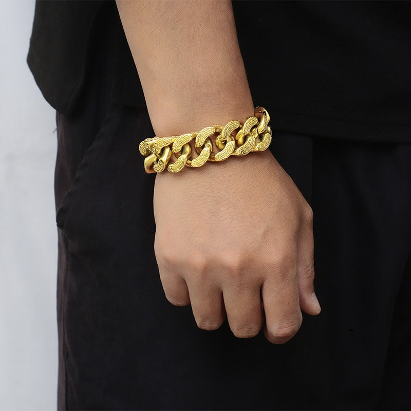 Kemstone Trident Textured Curb Chain Bracelet – Heavy Stainless Steel Viking Punk Streetwear KB179929