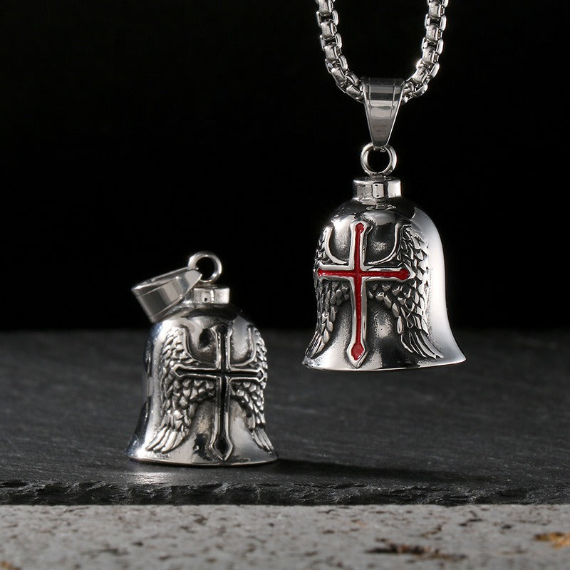 Kemstone Viking Symbol Bell Pendant Necklace for Men – Norse Masonic Cross Stainless Steel Biker Jewelry KP130935