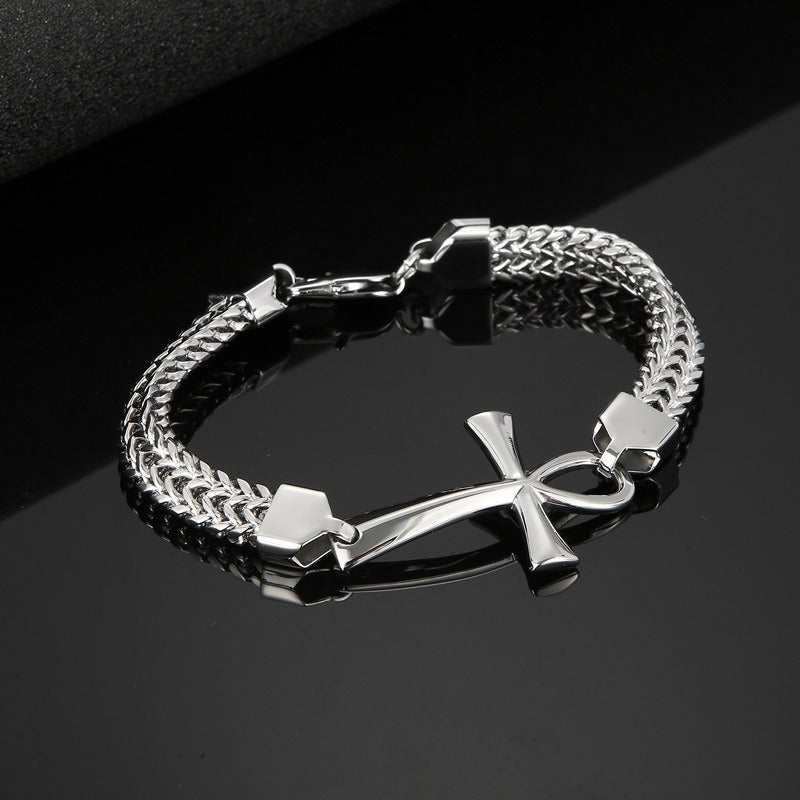 Kemstone Titanium Steel Rock 'n' Roll Dual-Weave Chain Bracelet with Vintage Cross Pendant KB164177-KFC