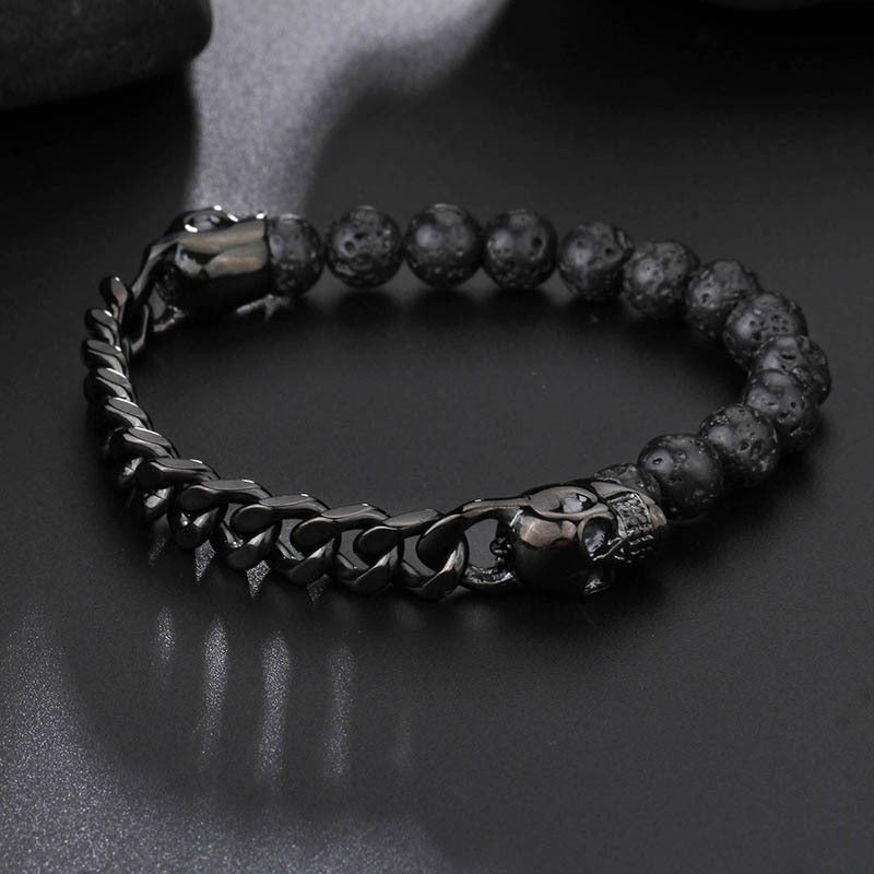 Kemstone Stainless Steel Skull & Volcanic Stone Mala Bracelet – Ethereal Energy Fusion KB66361