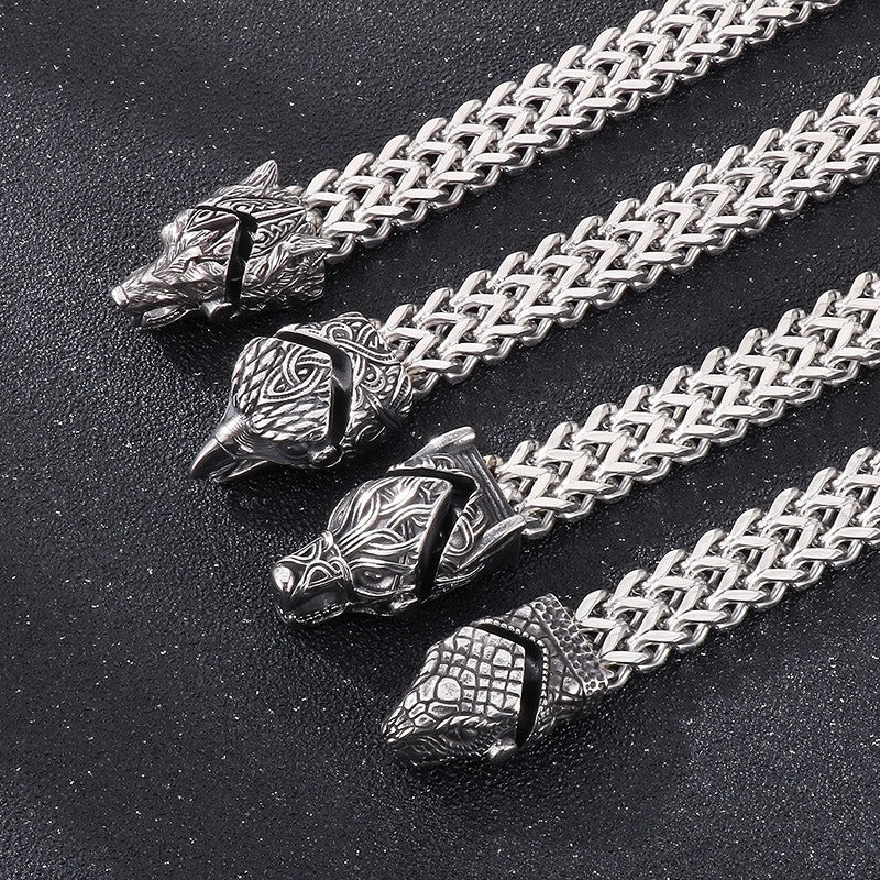 Bracciale Kemstone in acciaio al titanio con testa di aquila e lupo - Catena reversibile, design punk per uomo KB179515