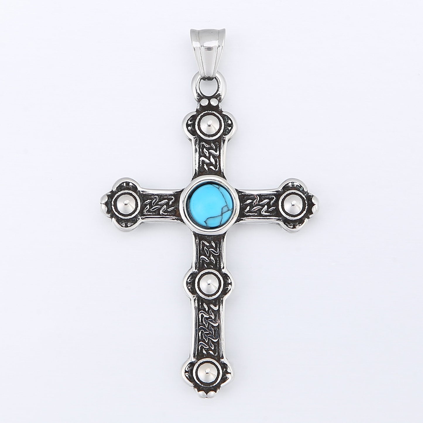 Kemstone Gothic Portrait Pendant – Titanium Steel Necklace with Crown & Turquoise Cross KP119878