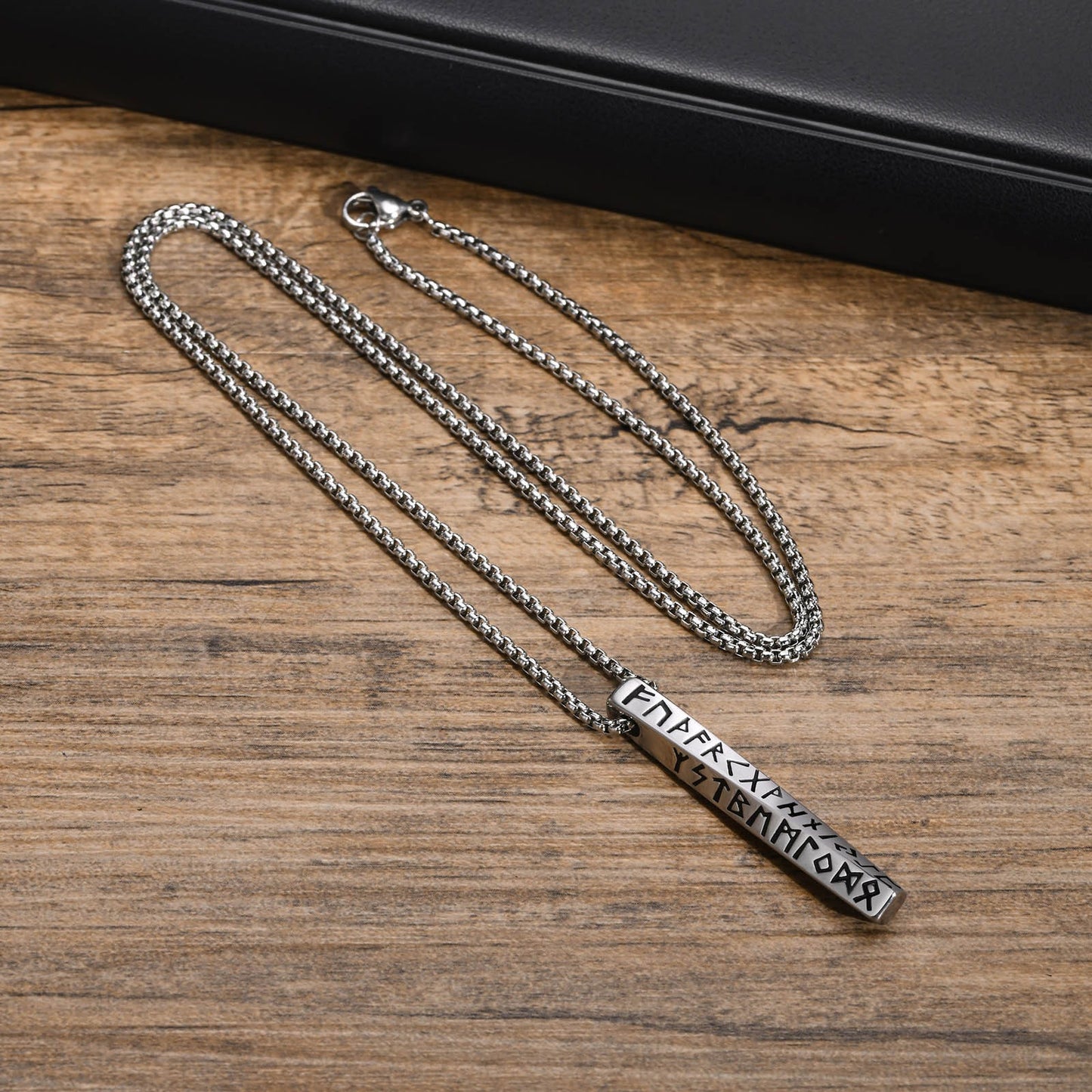 Kemstone Nordic Rune Bar Necklace – Stainless Steel Viking Pendant, Elder Futhark Engraving NC-1383