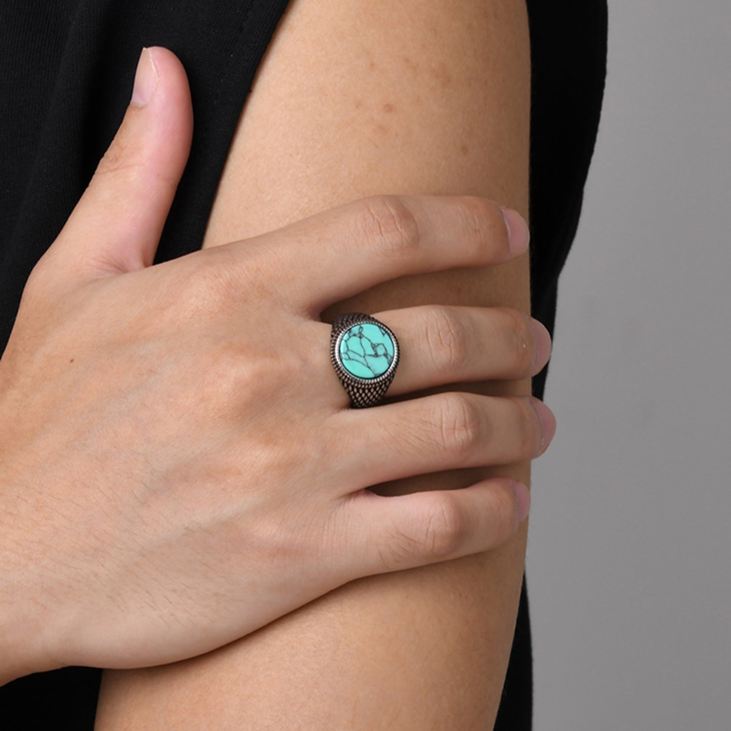 Men’s Stainless Steel Signet Ring – Natural Stone Seal Design (Black Onyx / Turquoise / Tiger Eye) RC-685