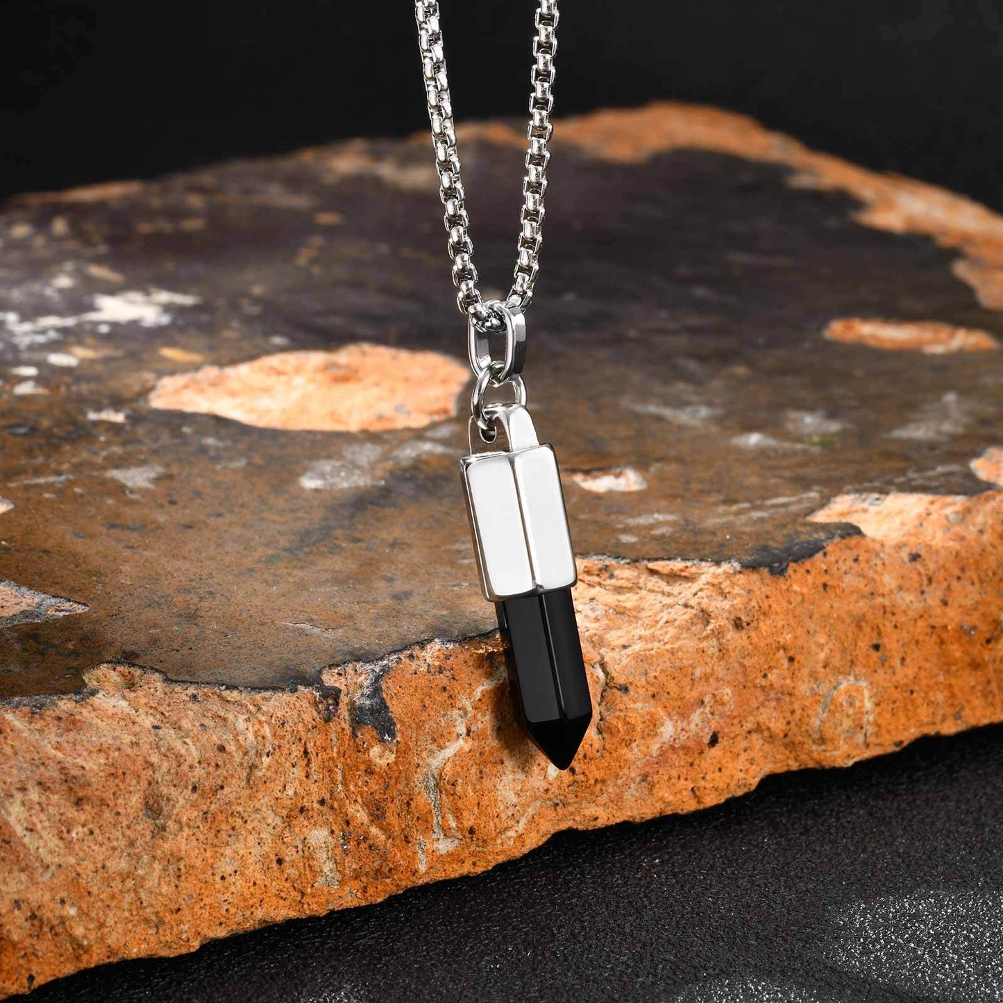 Kemstone Men’s Stainless Steel Bullet Pendant Necklace – Tiger Eye & Black Agate Minimalist Jewelry PN-2227