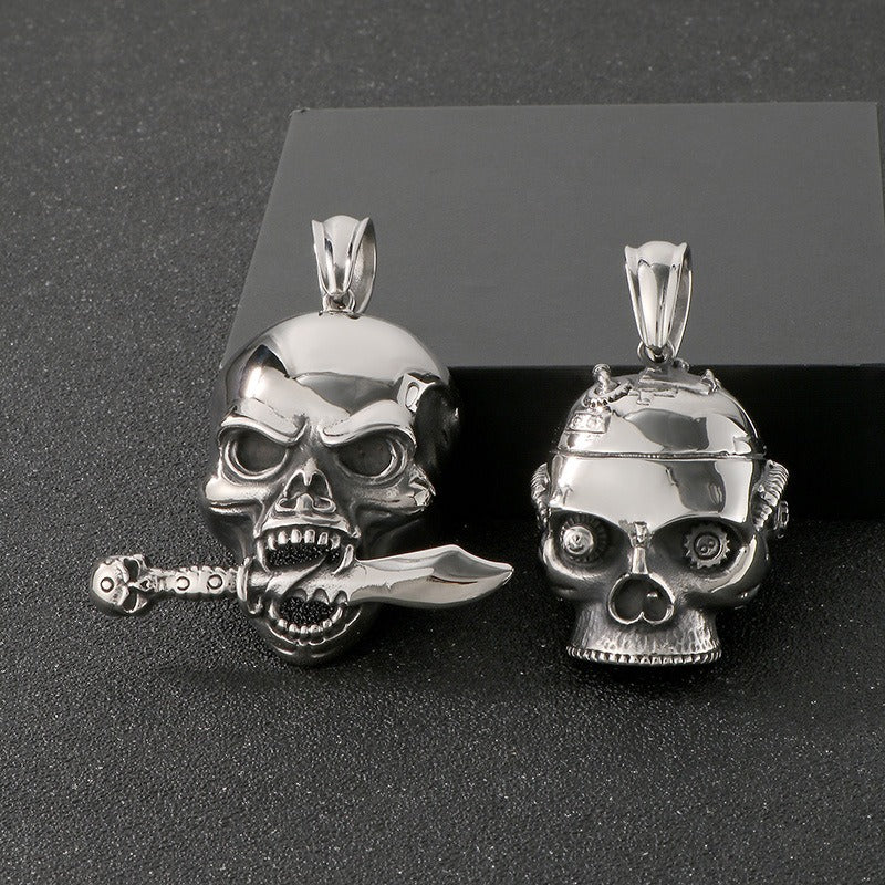 Kemstone Titanium Steel Skull Pendant Necklace – Mechanical Gothic Biker Jewelry for Men KP43973-BD