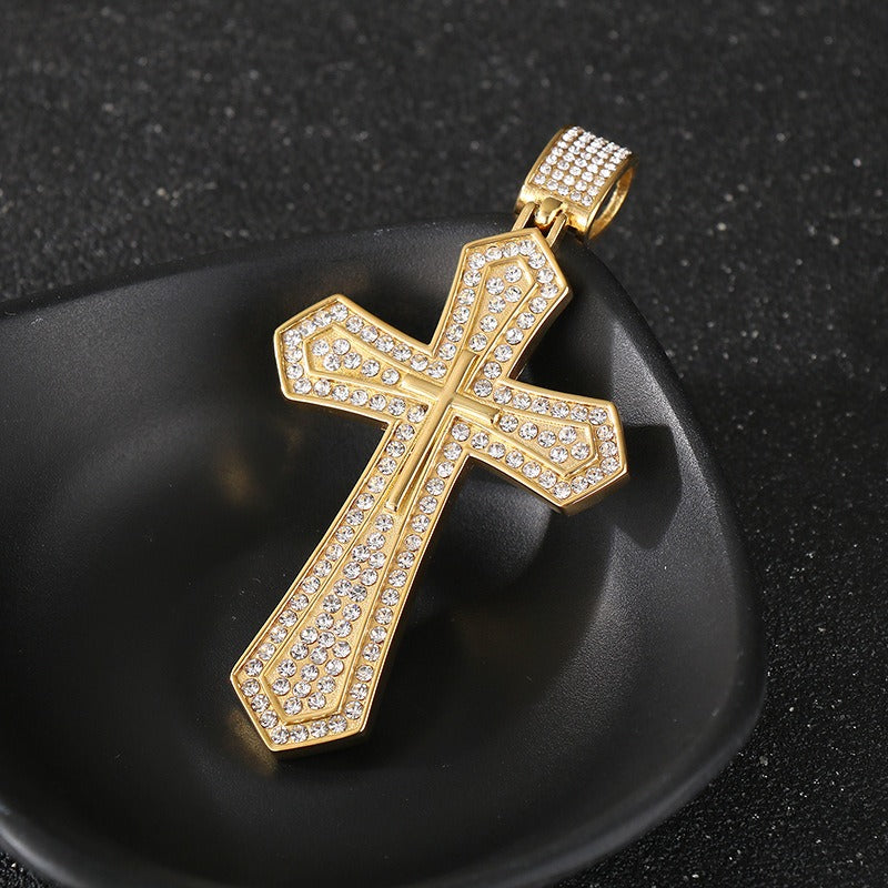 Kemstone Titanium Steel Gold Dual Cross Pendant Necklace – Hip Hop Cubic Zirconia Hollow Design KP130467