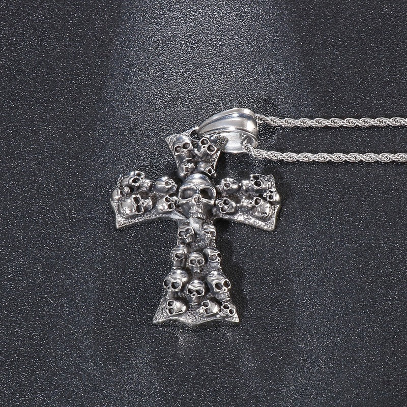 Kemstone Gothic Skull Cross Necklace – Matte Black Punk Pendant for Men KP55728-B