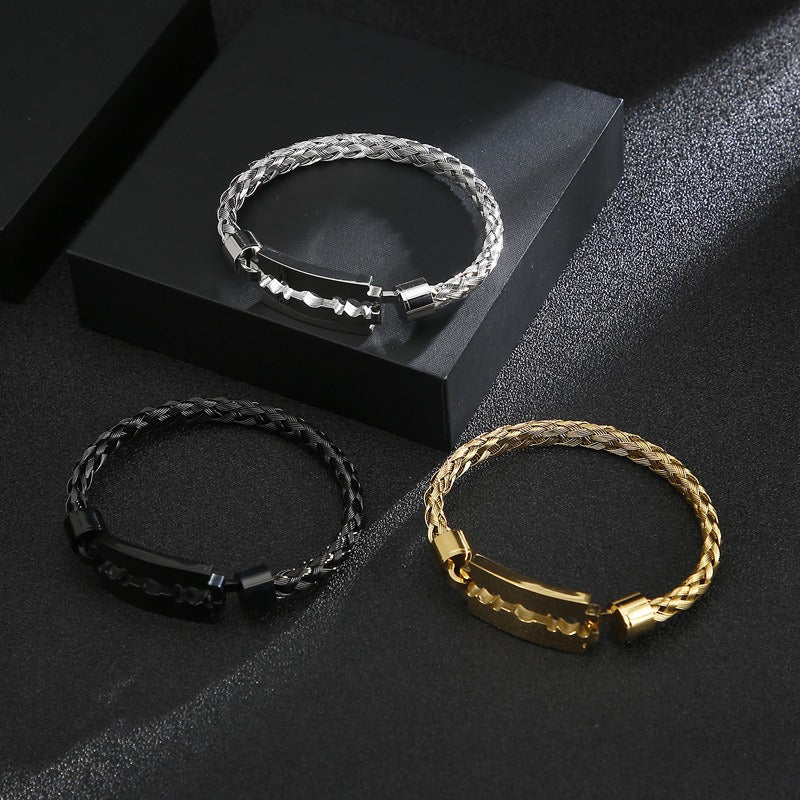 Kemstone Titanium Steel Cuff Bracelet for Men - Braided Blade Design with Premium Electroplated Finish KB130548