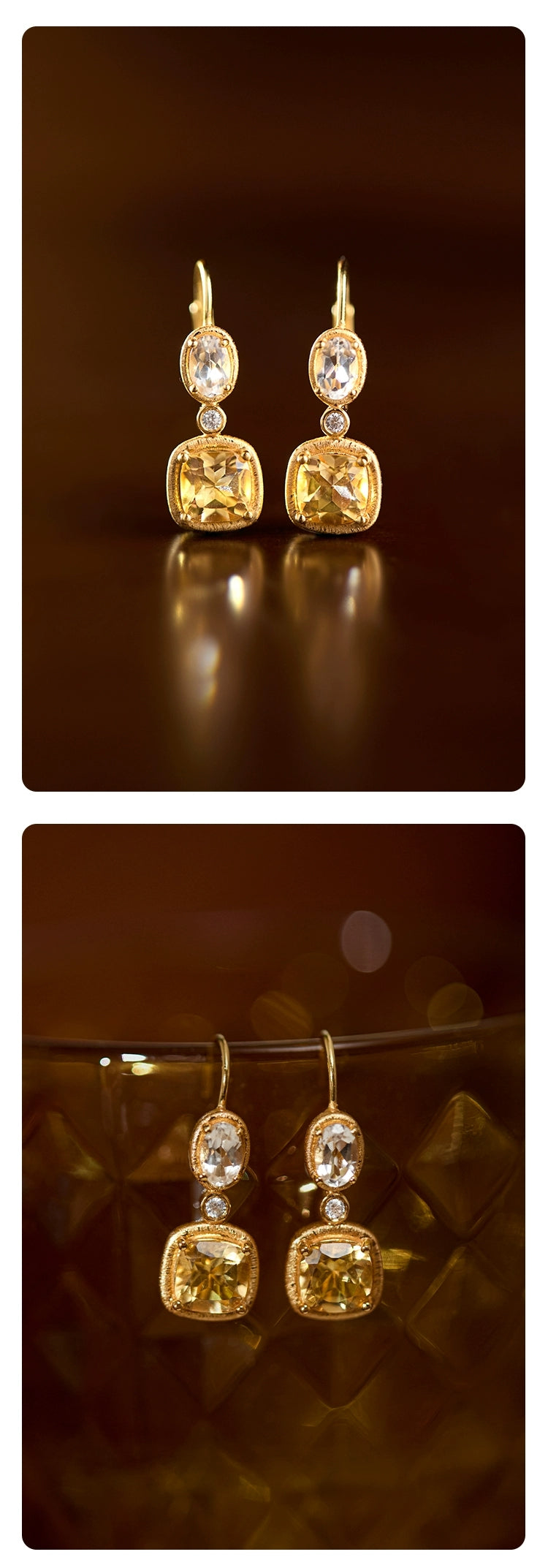 Pendientes colgantes de topacio y citrino estilo vintage Kemstone | Plata de ley 925 bañada en oro RSY-E350