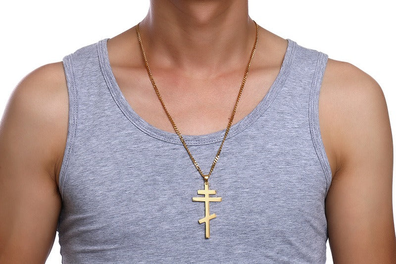 Men's Stainless Steel Orthodox Cross Necklace – Bold Double Bar Gothic Pendant PN-831