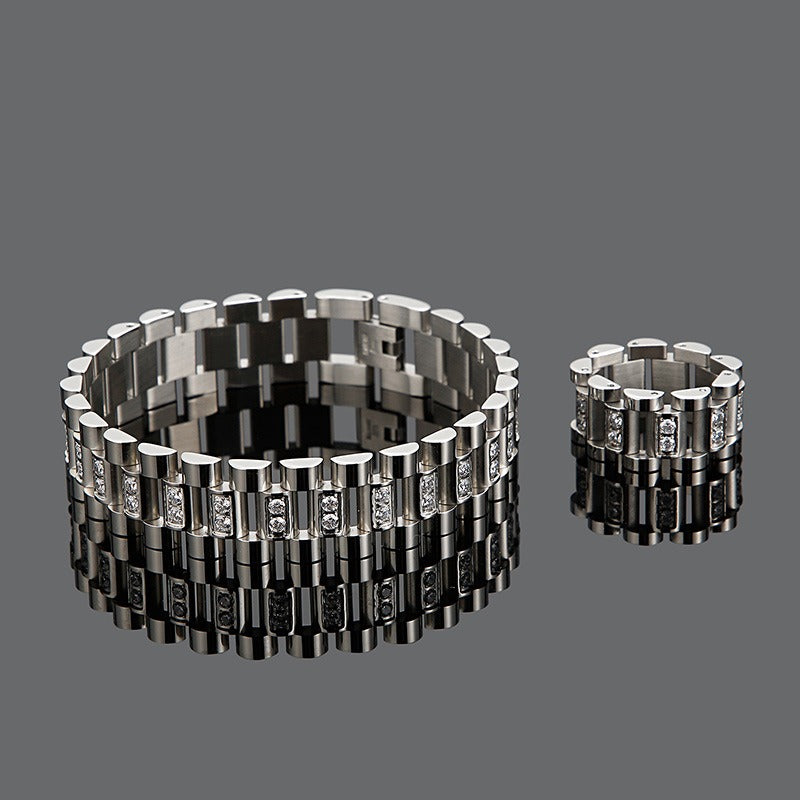 Kemstone Men’s Stainless Steel Zircon Watch Chain & Ring Set – 220mm Bracelet, 13mm Ring KB61656-K