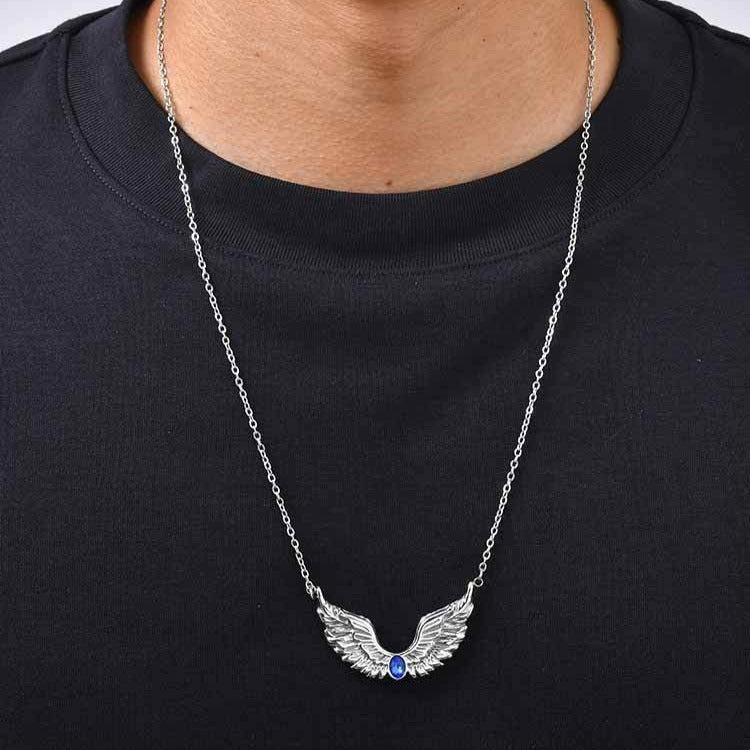 Kemston Stainless Steel Feather Wing Necklace for Men Cubic Zirconia Inlay NC-2878