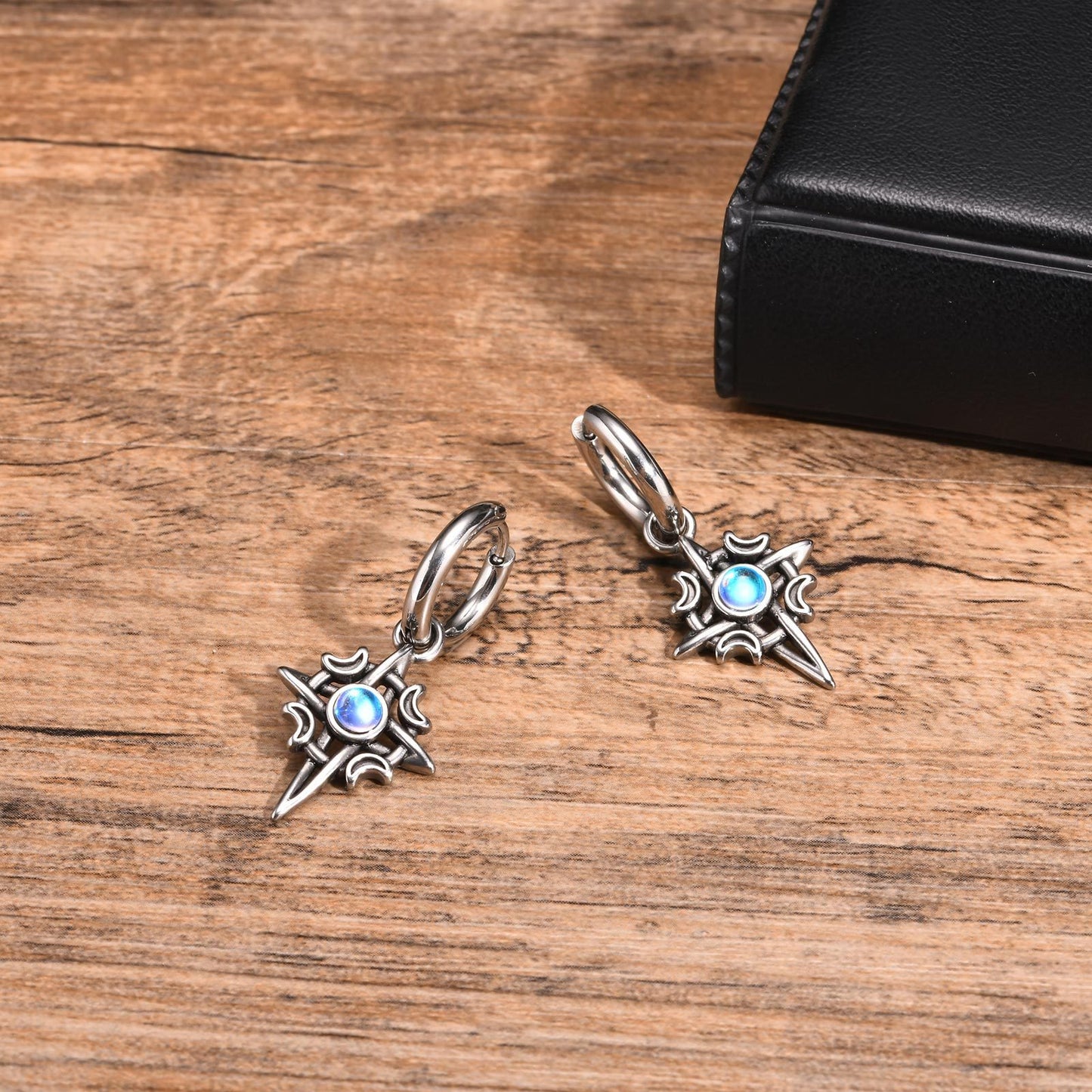 Kemstone Celtic Stainless Steel Moonstone Hoop Earring for Men – Gothic Star & Triquetra Drop Design 769