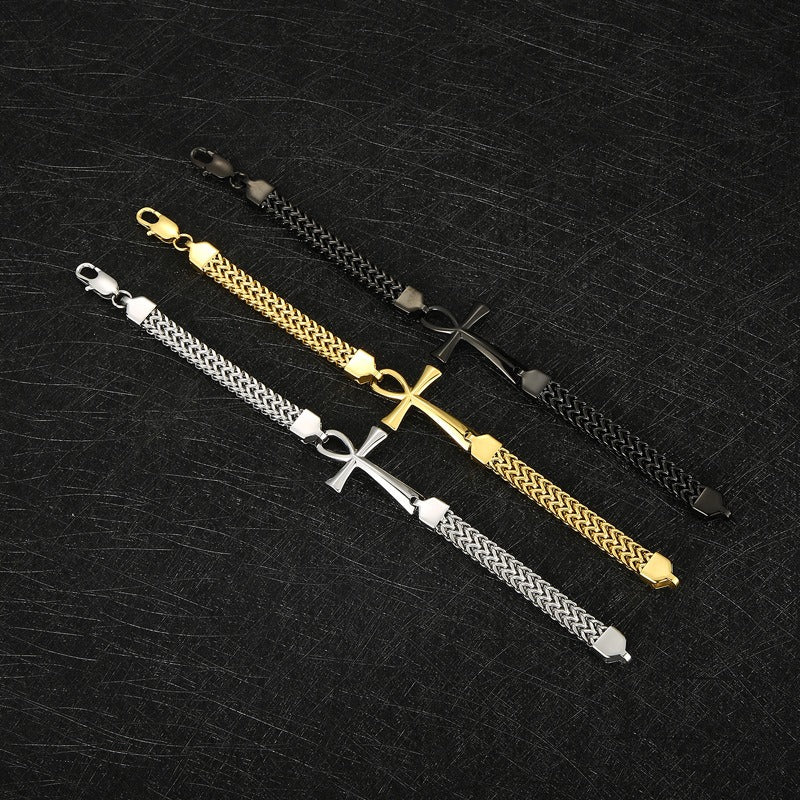 Kemstone Titanium Steel Rock 'n' Roll Dual-Weave Chain Bracelet with Vintage Cross Pendant KB164177-KFC