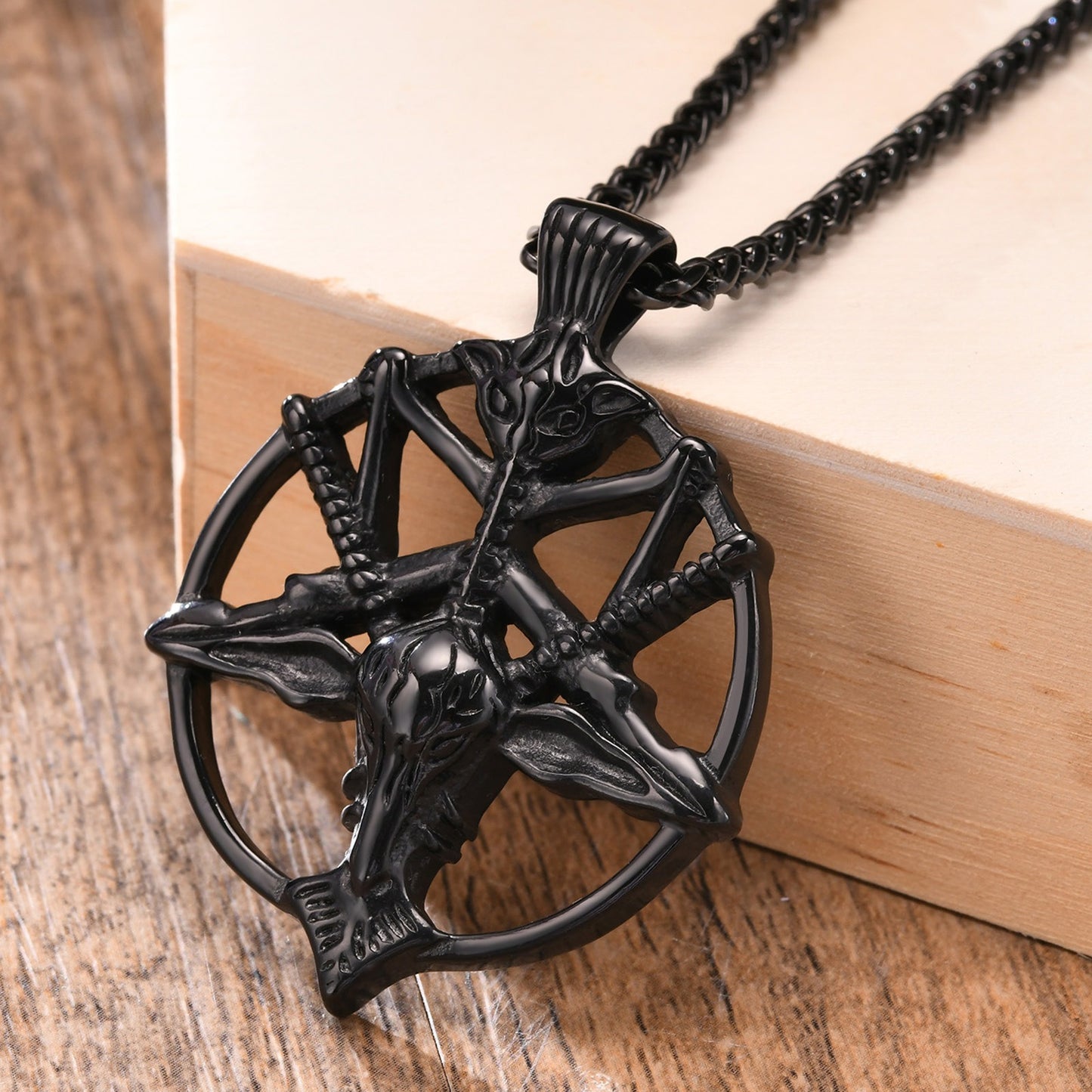 Kemstone Satanic Goat Head Pendant – Stainless Steel Gothic Pentagram Necklace PN-1266