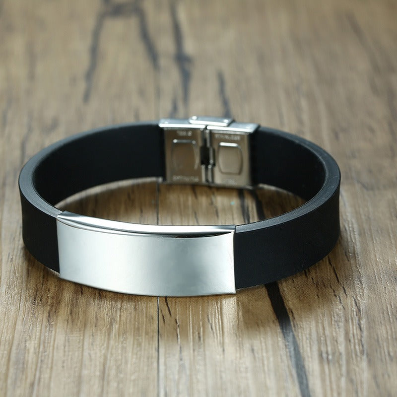 Kemstone Silicone & Stainless Steel Bracelet – Engravable Curved Plate Men’s Wristband BS-076