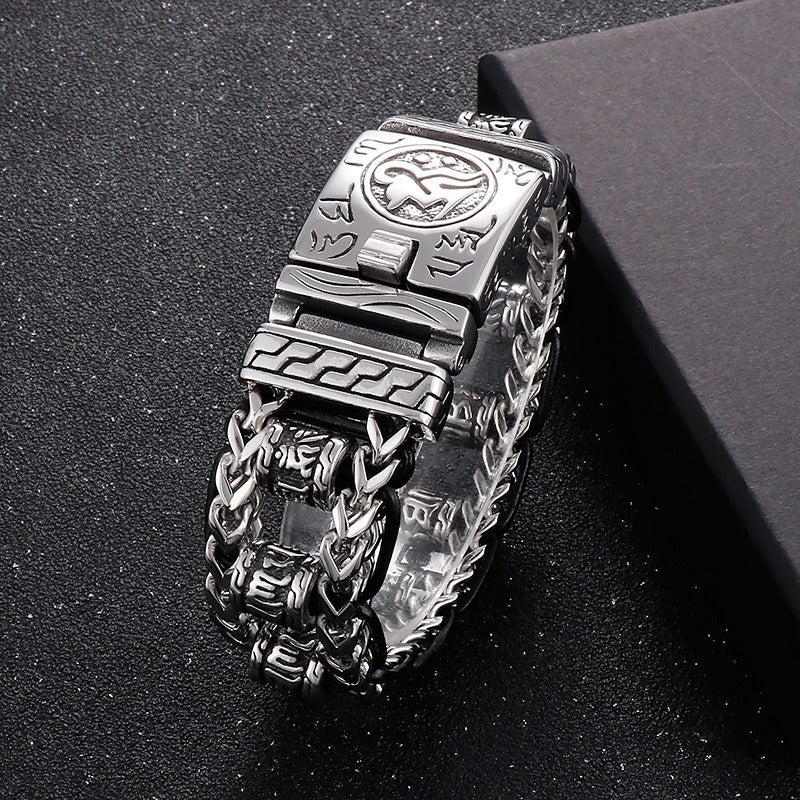 Kemstone Vintage-Style Dragon Bone Chain Bracelet & Punk Hollow-Titanium Steel Man's Ancient Six-Syllable True-Word Necklace KB145903
