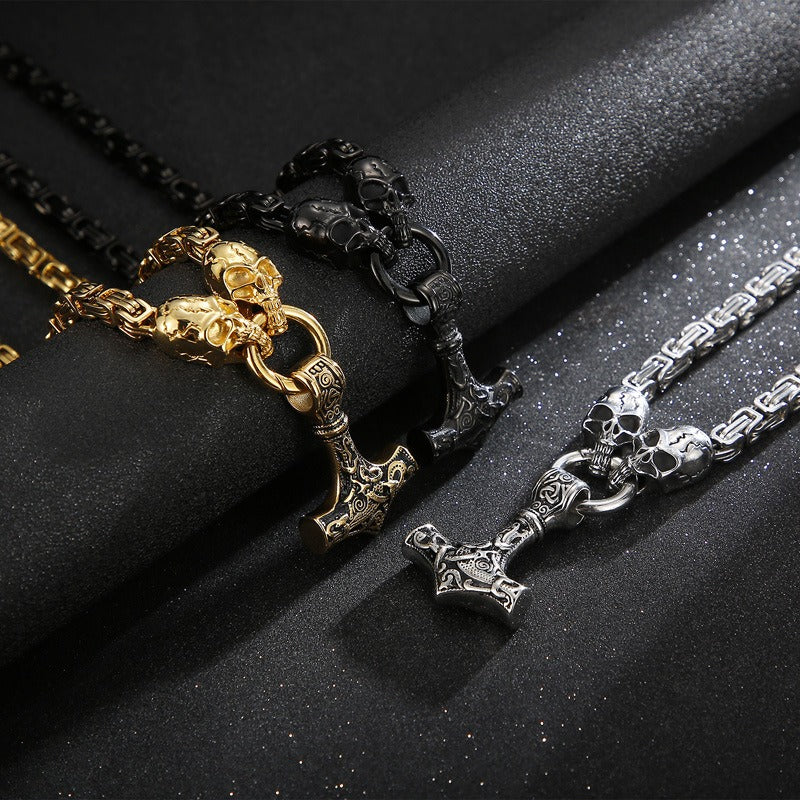 Kemstone Viking Thor’s Hammer Pendant – Stainless Steel Norse Amulet with Skull Connector KP96348