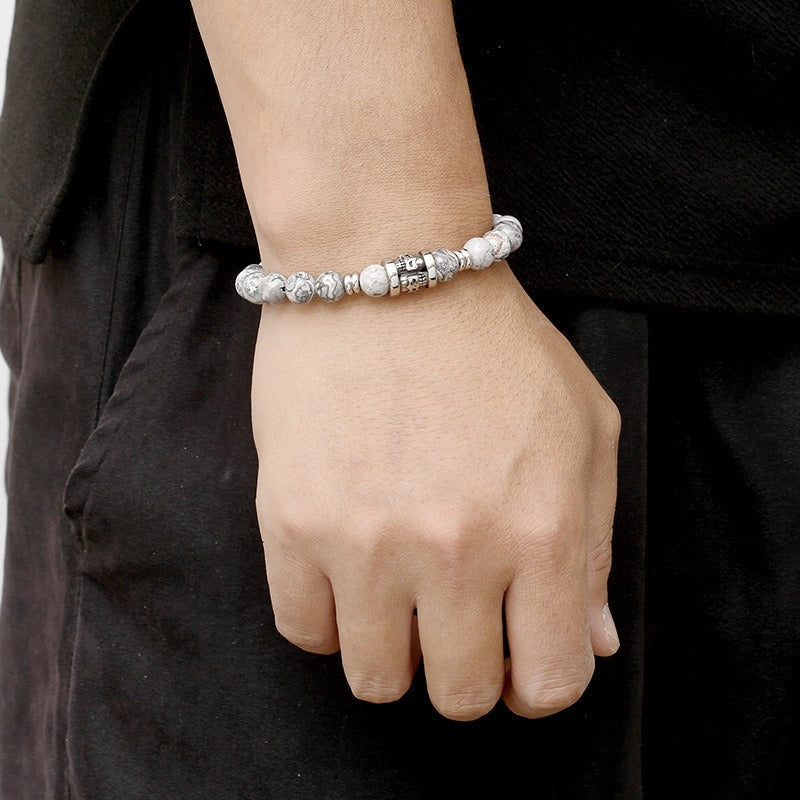 Kemstone Vintage Skull & Natural Stone Beaded Bracelet – Titanium Steel Men’s Jewelry KB183247-TLX
