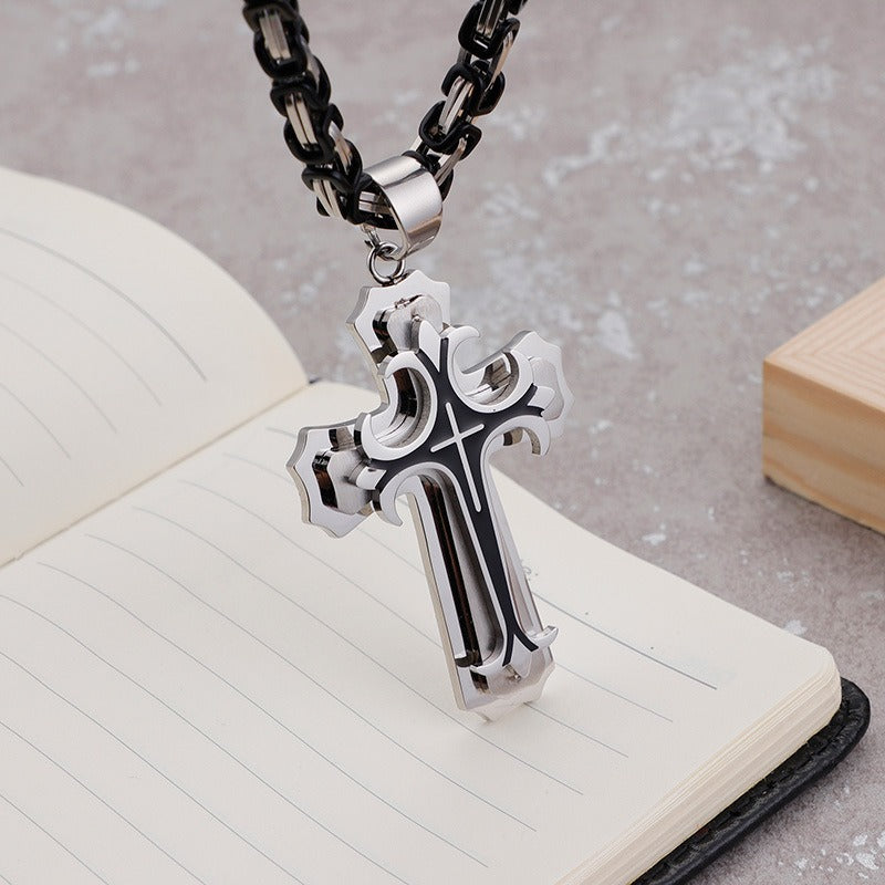 Kemstone Triple-Layer Gothic Cross Pendant Necklace – Stainless Steel Byzantine Chain KP78915
