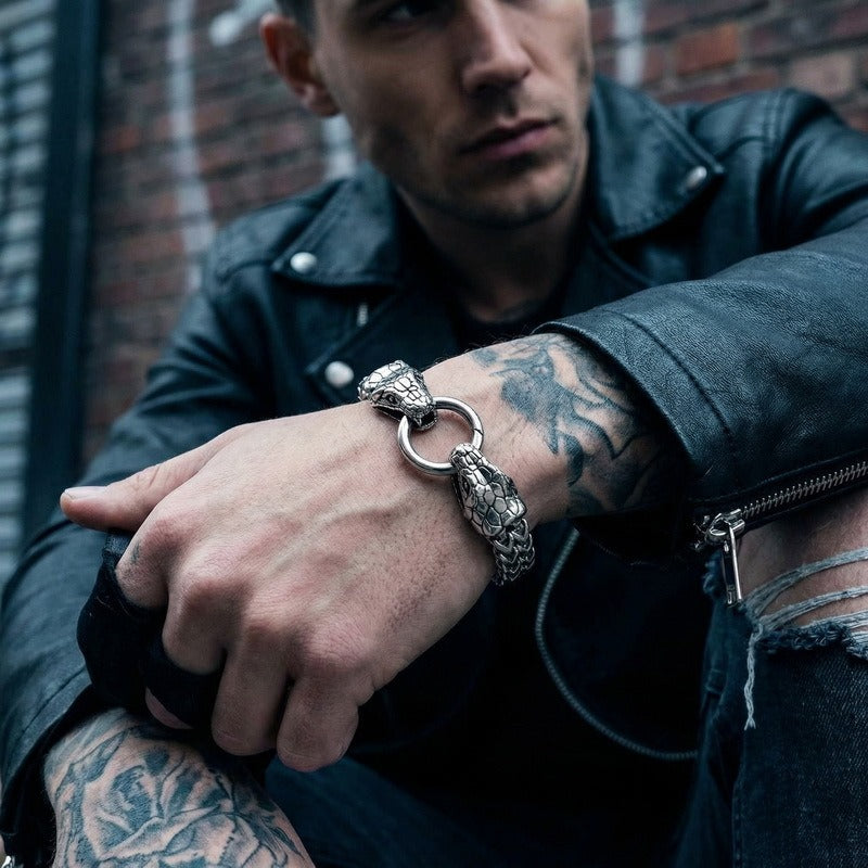 Kemstone Titanium Steel Double Snake Head Chain Bracelet Vintage Style for Men KB139889-KJX