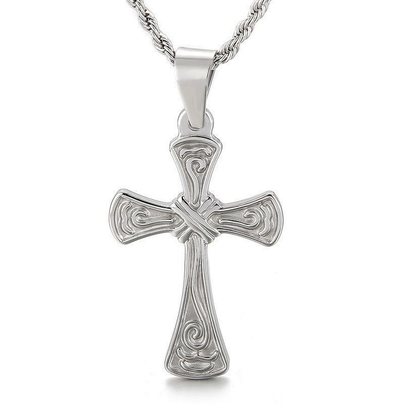 Kemstone Twisted Cross Pendant – Retro Titanium Steel Necklace for Men KP81525-K