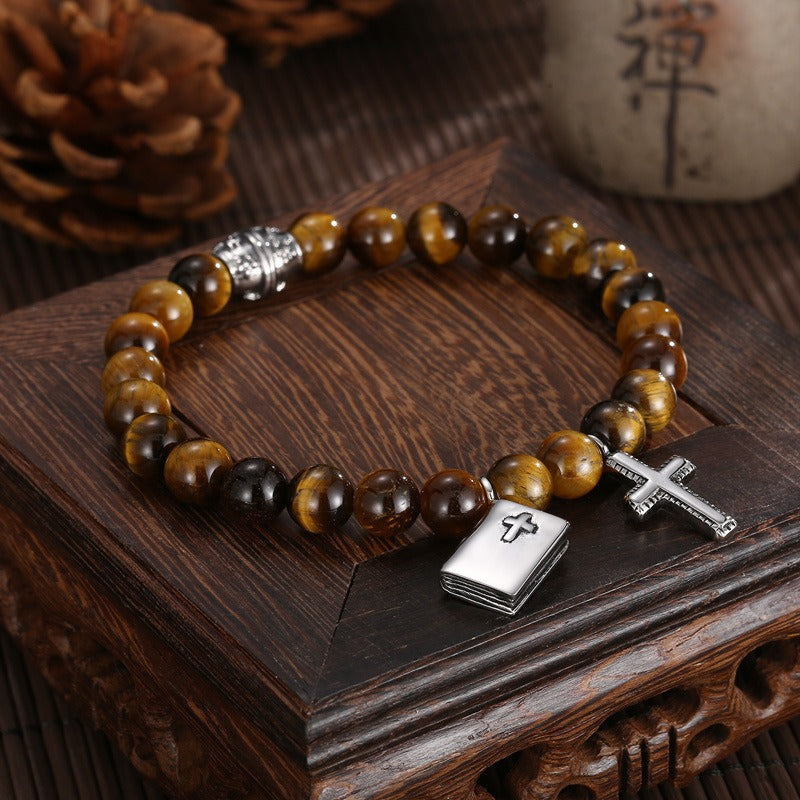 Kemstone Black Onyx Beaded Bracelet – CZ Crown, Freemason Cross & Tiger Eye Accent for Men’s Gothic Streetwear KB69789-BD