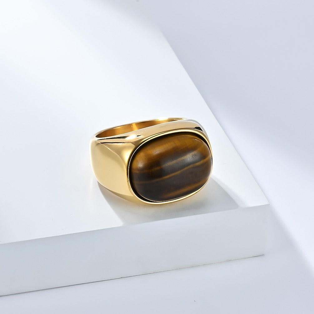 Kemstone Men’s Stainless Steel Tiger Eye Ring – Vintage Oval Gemstone Band K-R1030