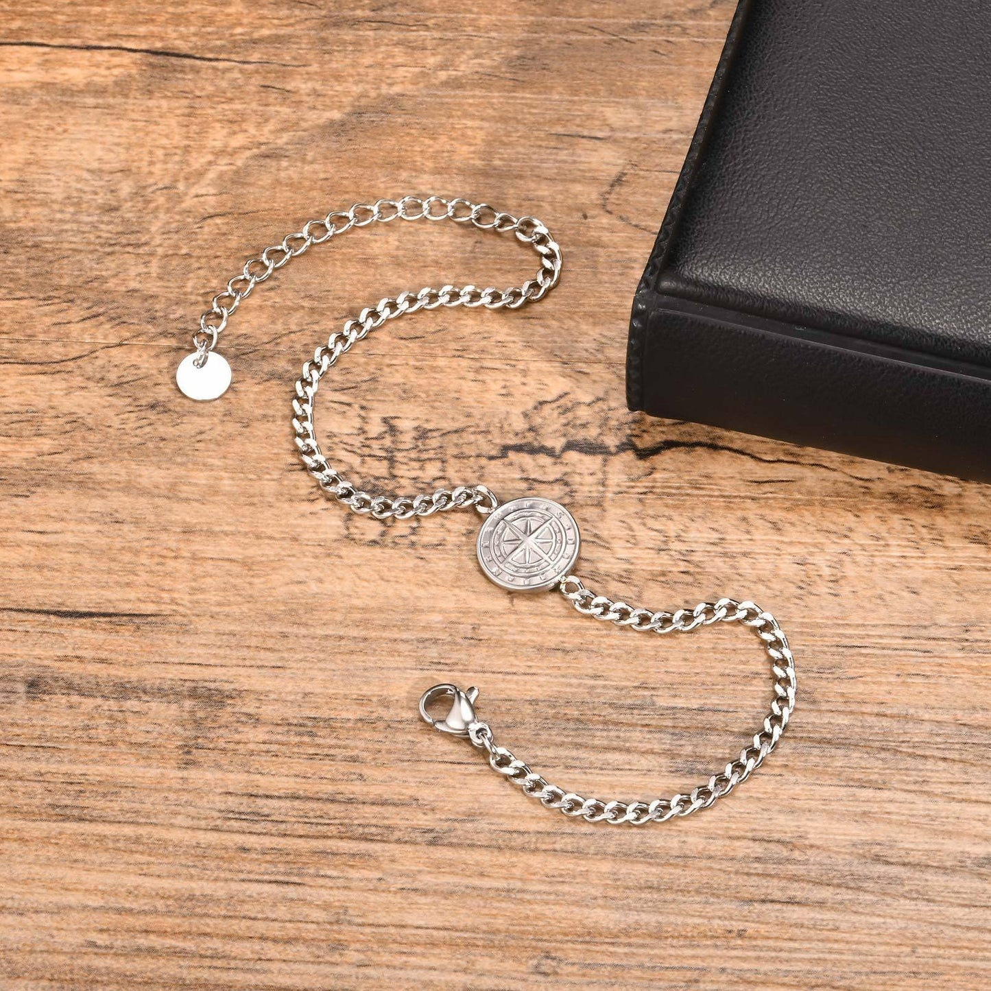 Kemstone Men’s Stainless Steel Compass Bracelet – Adjustable Minimalist Chain in Black, Gold & Silver BR2079