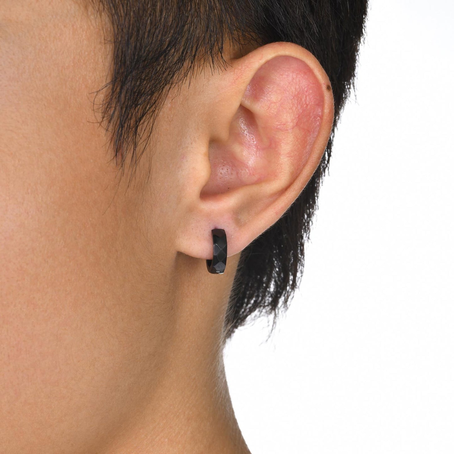 Kemstone Men’s Stainless Steel Hoop Earring – Faceted Punk Style in Black, Silver, Gold EH-552