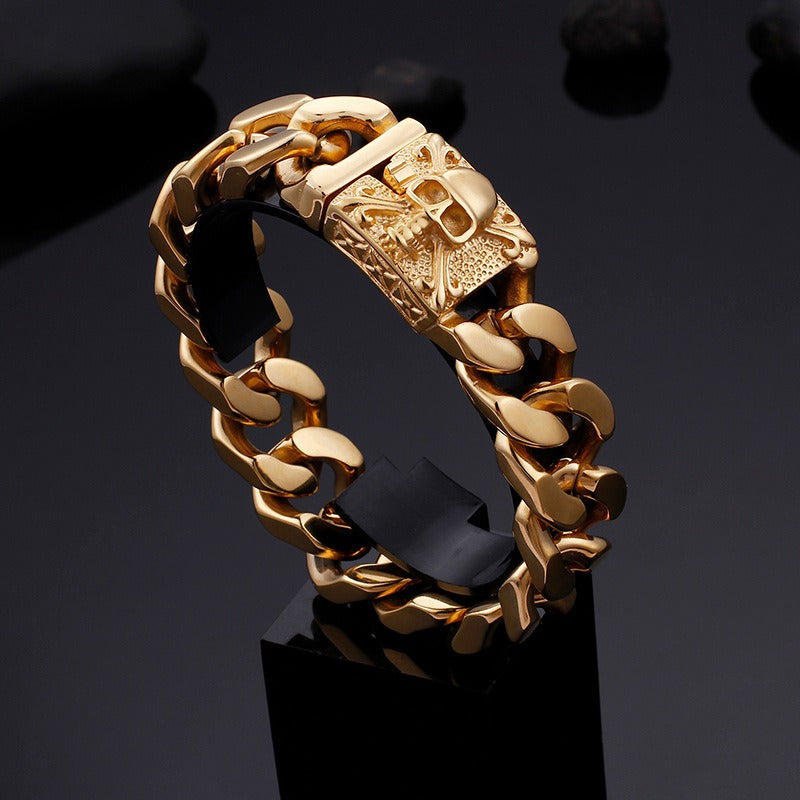 Kemstone Titanium Steel Skull Cuban Chain Bracelet – Bold Streetwear Men’s Accessory KB69725-BD