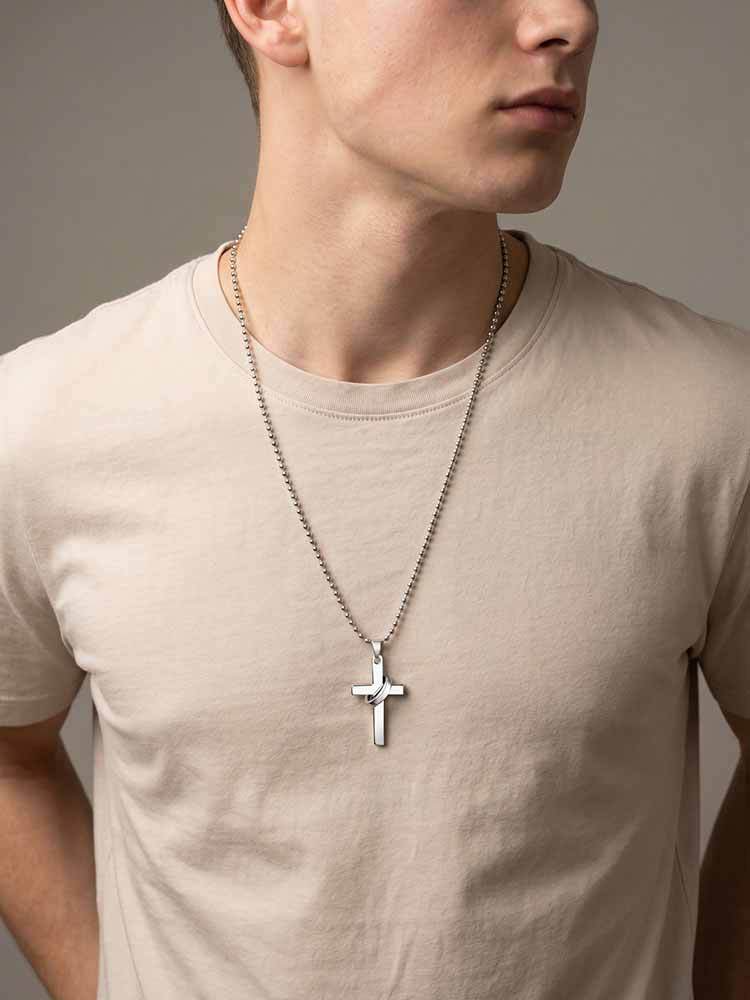 Kemstone Stainless Steel Cross Ring Pendant Necklace for Men Silver Black NC-3002