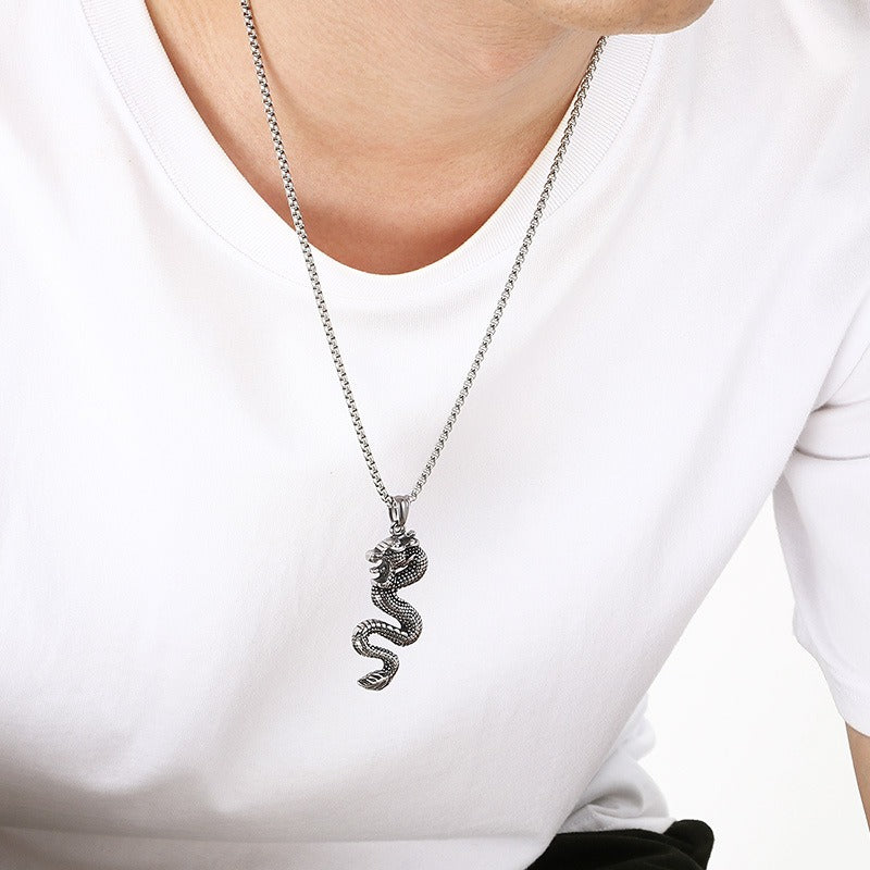 Kemstone Dragon Pendant Necklace for Men Titanium Steel Vintage Oxidized Silver Animal Chain KP117731-LU