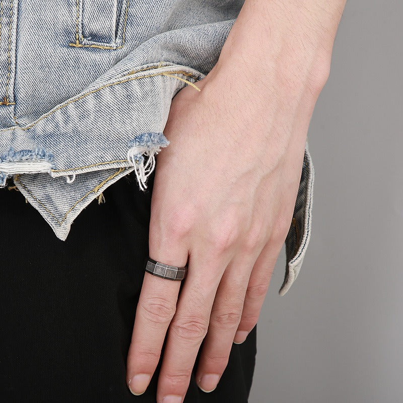 Kemstone Matte Black Gothic Ring – Titanium Steel Geometric Band for Men | Dark Vintage Street Style KR100827-KFC