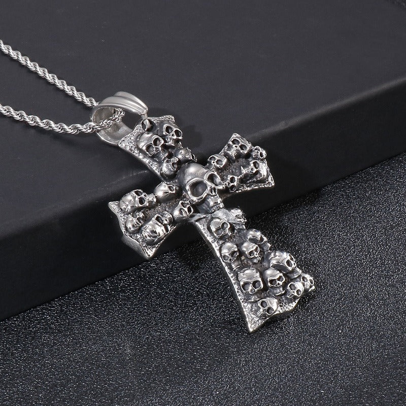 Kemstone Gothic Skull Cross Necklace – Matte Black Punk Pendant for Men KP55728-B