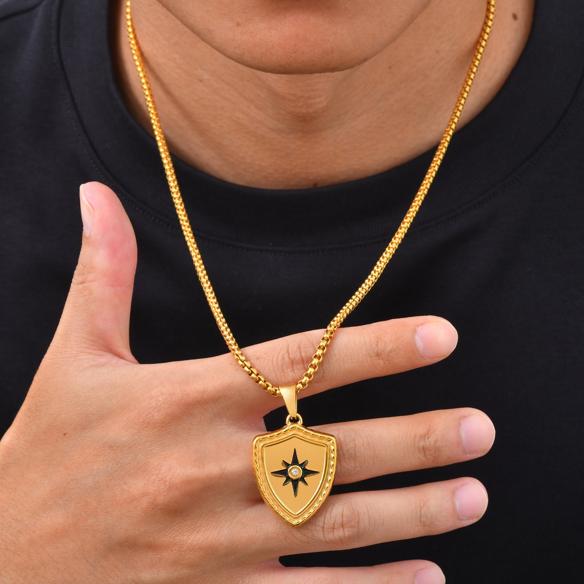 Kemston Eight Point Star Shield Pendant Necklace for Men Stainless Steel PN-2443